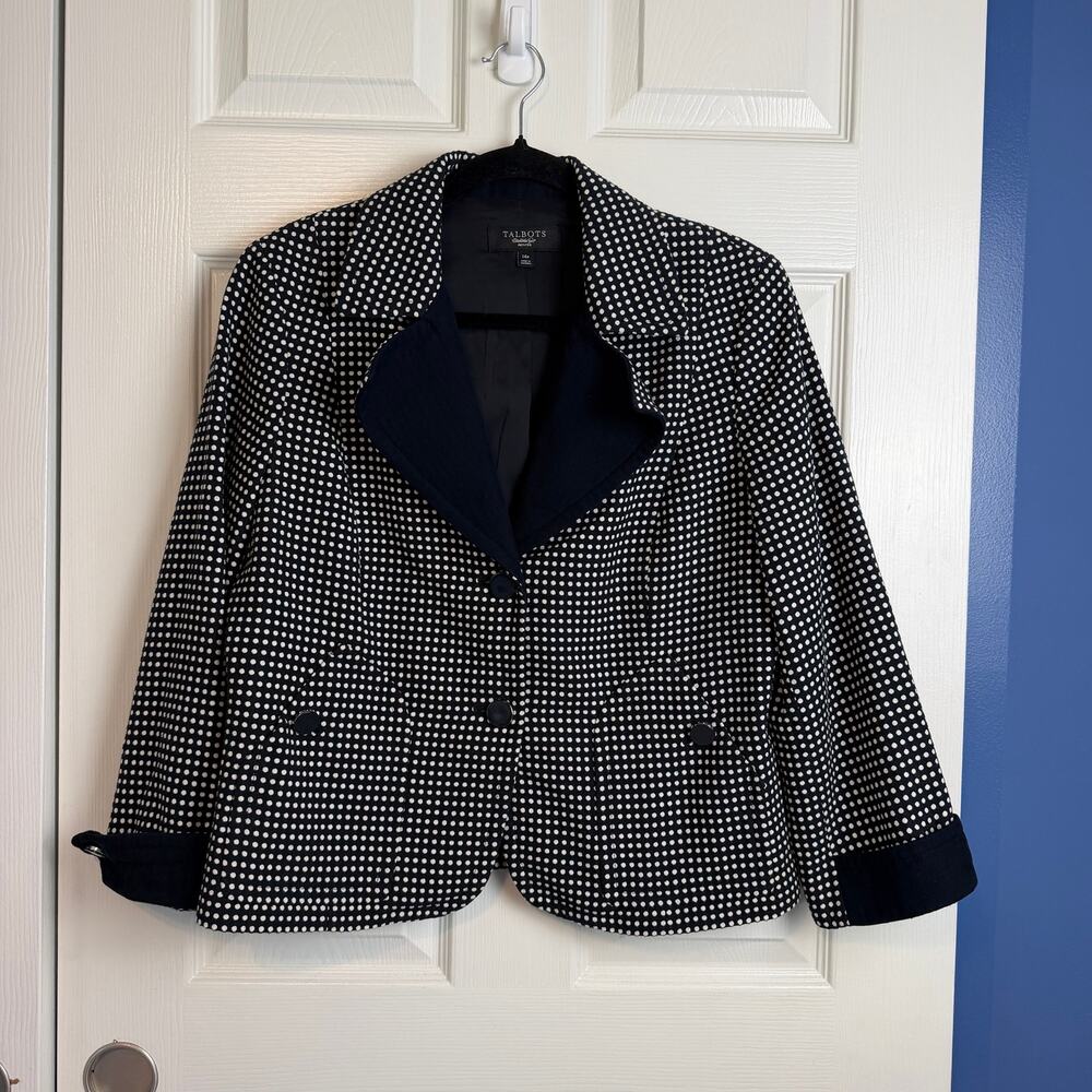 Talbots Collection Petites Blazer 14P Black White Polka Dot Button Jacket